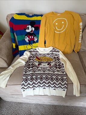 EUC - Lot of 3 Graphic Sweaters (Mickey, Smiley Face, Cup Noodles)